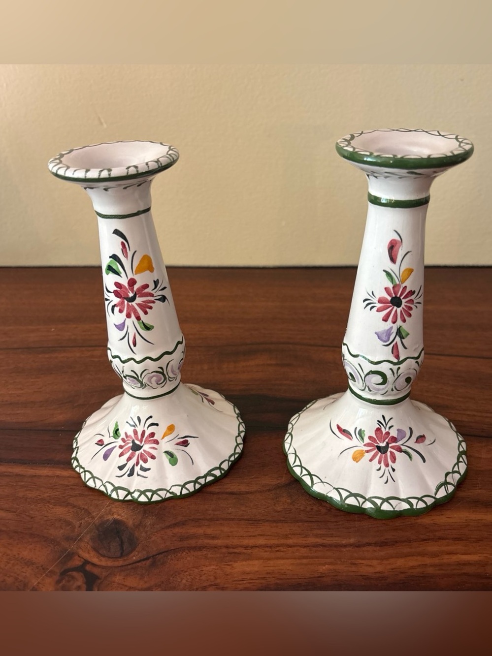 Pair of Hand-Painted Floral Ceramic Candlestick  Portugal